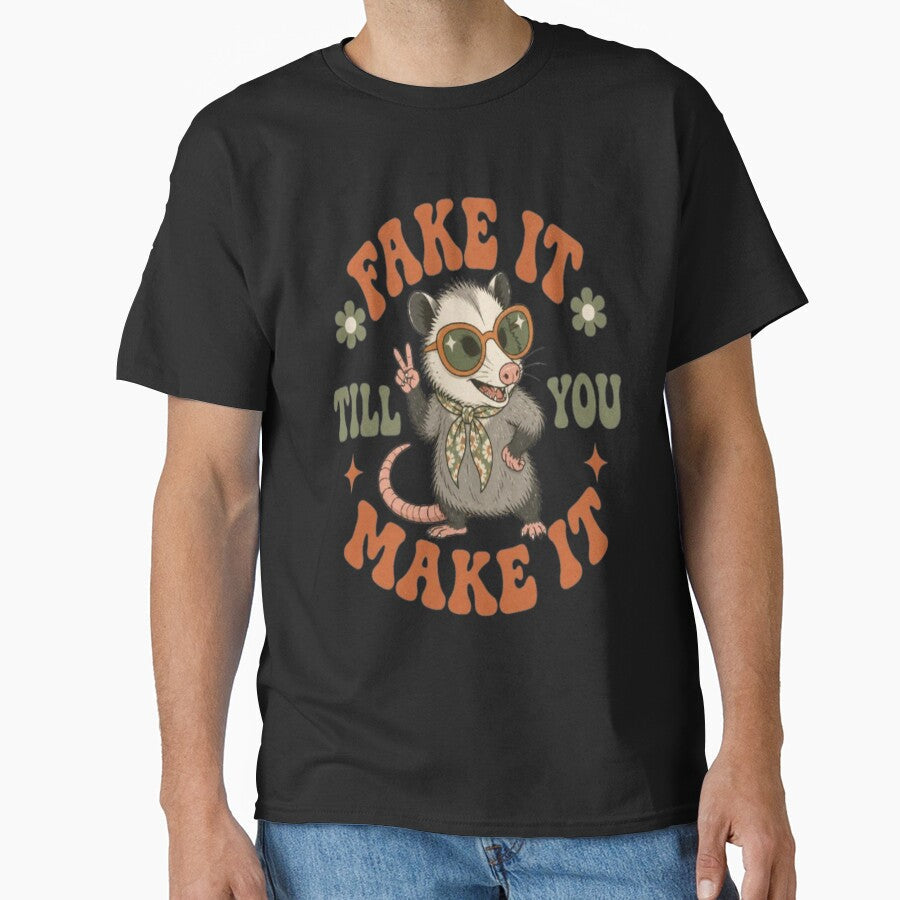 Fake It Till You Make Funny Retro Opossum Vintage 70s - Adult & Kids T-Shirts, Sweatshirts & Hoodies apparel design preview 1