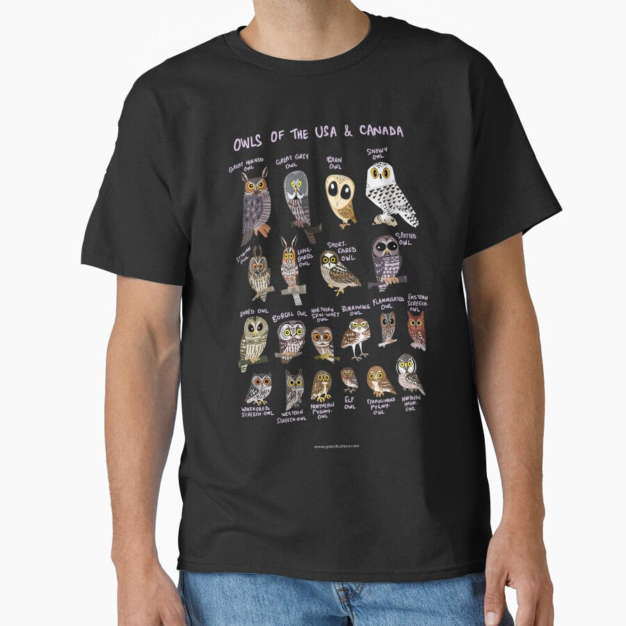Owls of USA and Canada by Green Humour - Adult & Kids T-Shirts, Sweatshirts & Hoodies apparel design preview 1