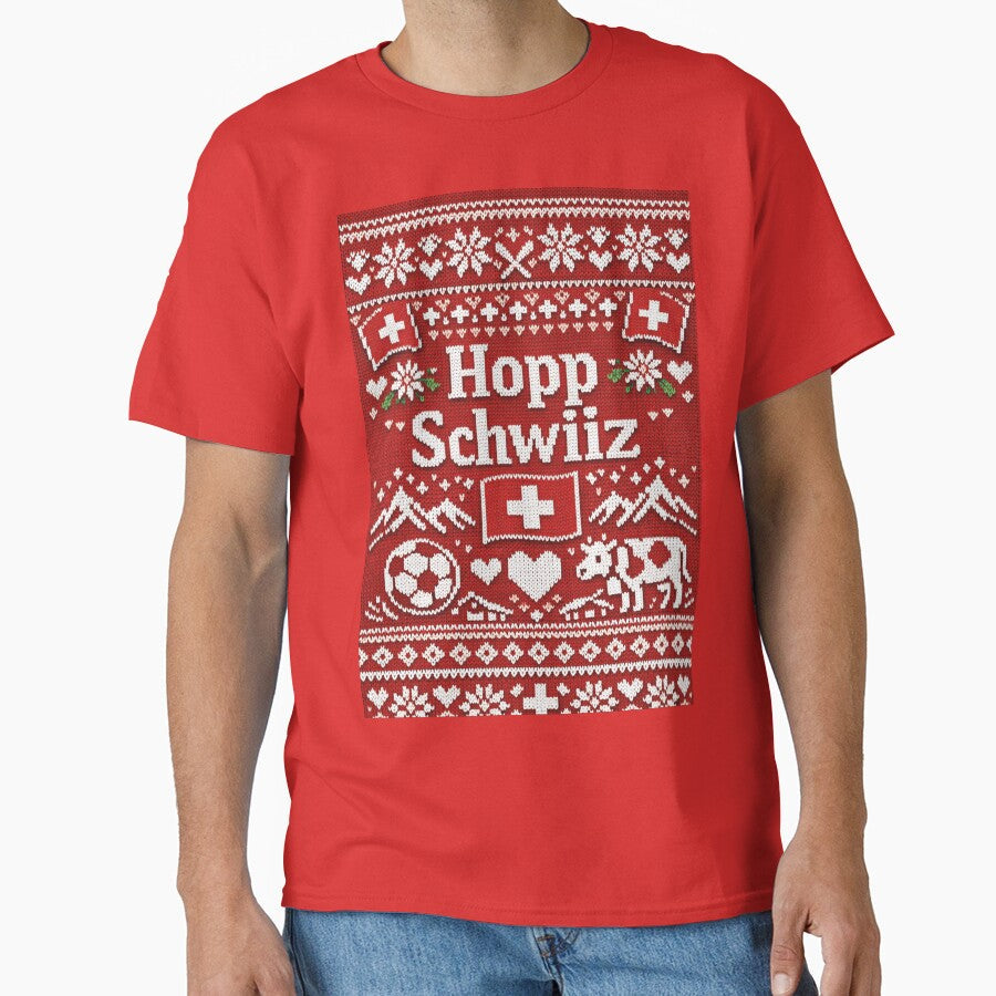 Hopp Schwiiz knitting design with cow and mountains - Adult & Kids T-Shirts, Sweatshirts & Hoodies apparel design preview 1