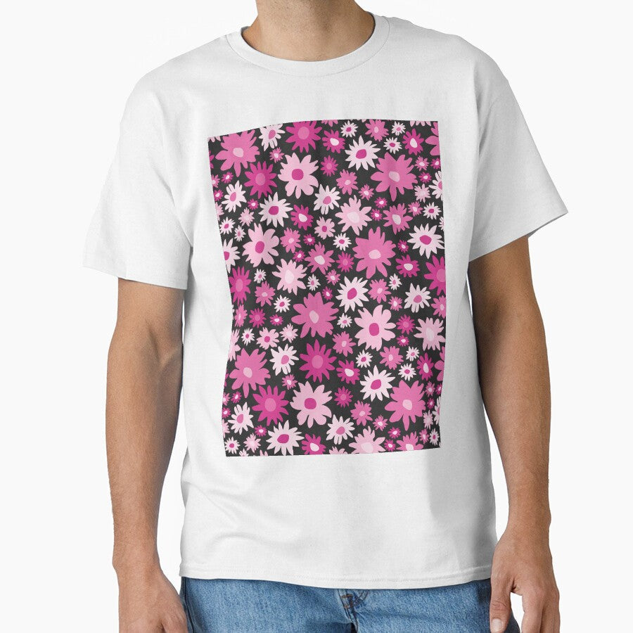 RETRO GROOVY AND FUN FLOWERS BLACK PINK by - Adult & Kids T-Shirts, Sweatshirts & Hoodies apparel design preview 1