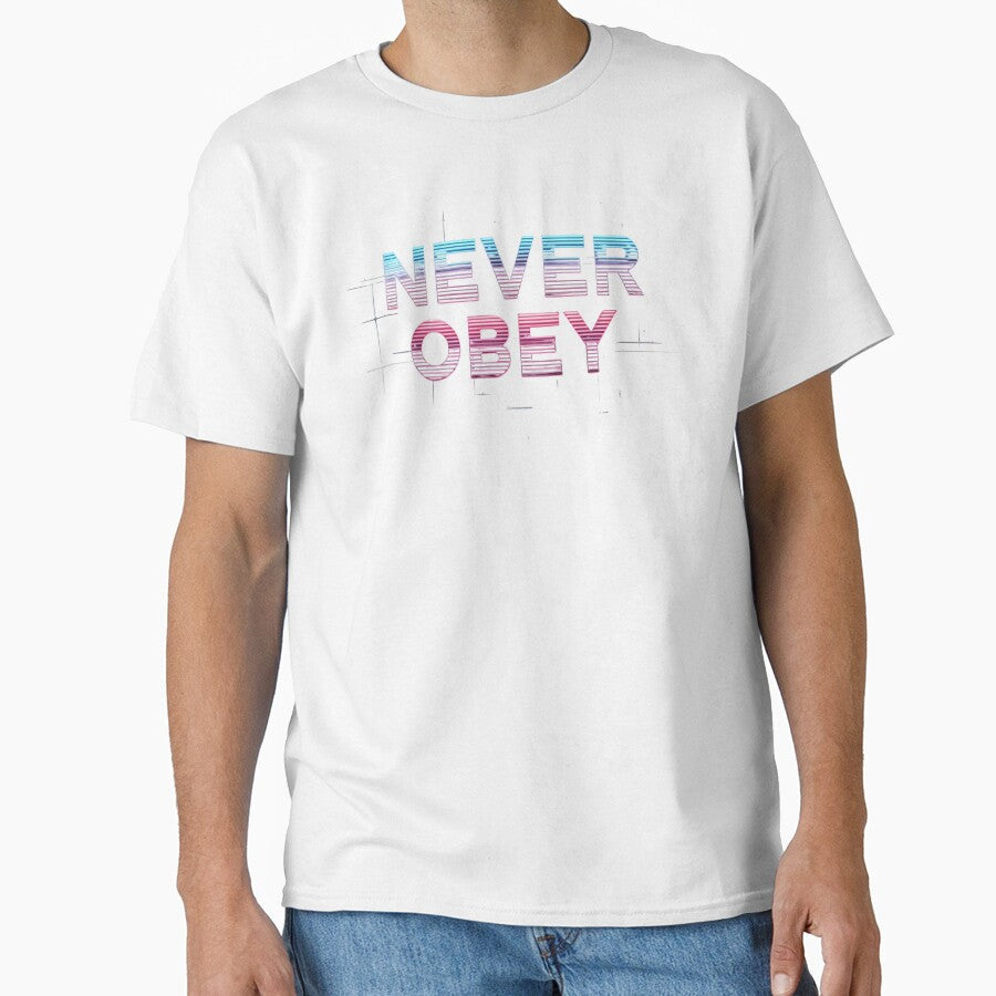 Never Obey Neon Retro Futuristic Typography by SajQ - Adult & Kids T-Shirts, Sweatshirts & Hoodies apparel design preview 1