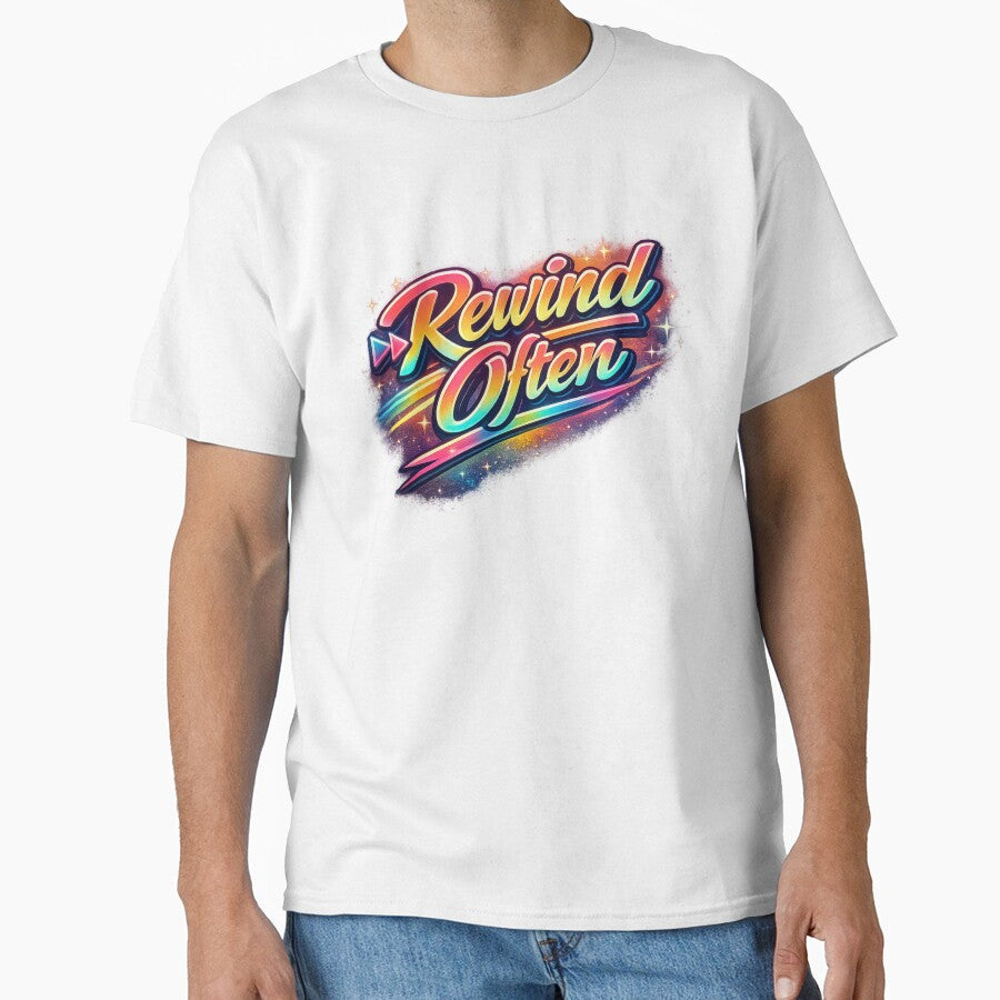 Rewind Often Retro 80s Rainbow Neon Script (VHS - Adult & Kids T-Shirts, Sweatshirts & Hoodies apparel design preview 1