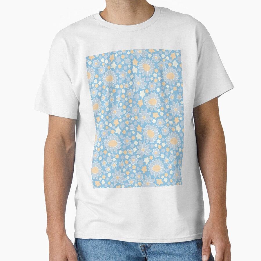 RETRO FLOWER POWER LIGHT BLUE PEACH by blomastudios - Adult & Kids T-Shirts, Sweatshirts & Hoodies apparel design preview 1