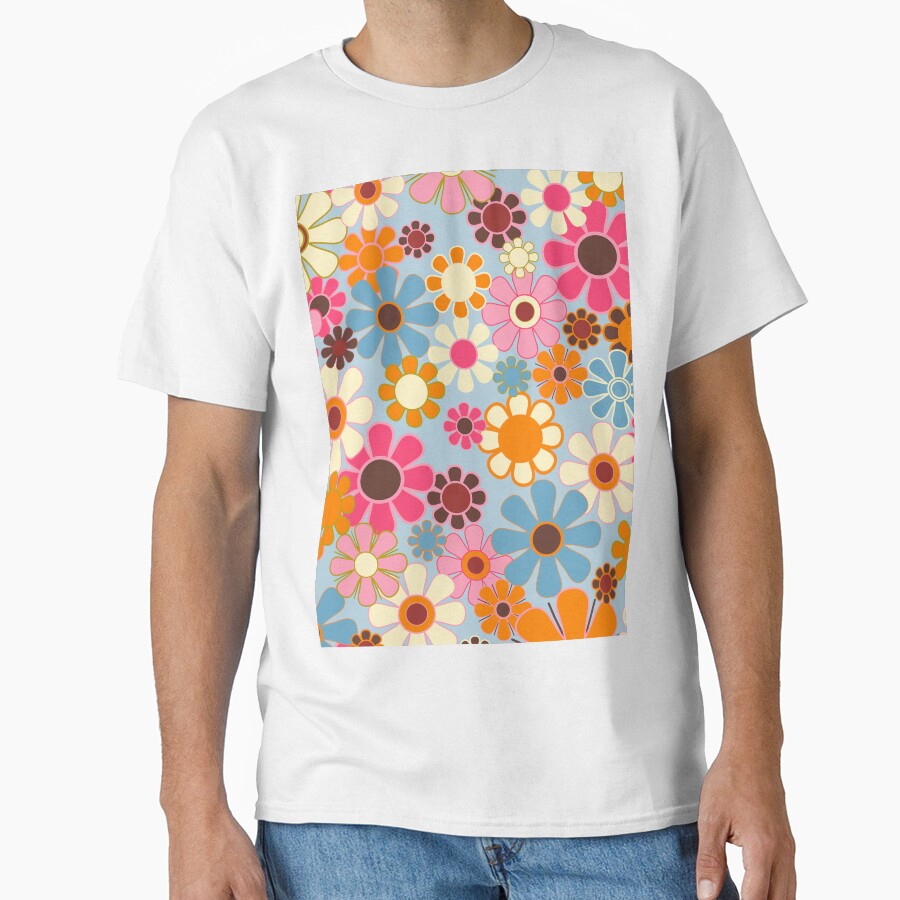 Cheerful Floral Retro Garden 60s 70s Pattern in Ice - Adult & Kids T-Shirts, Sweatshirts & Hoodies apparel design preview 1