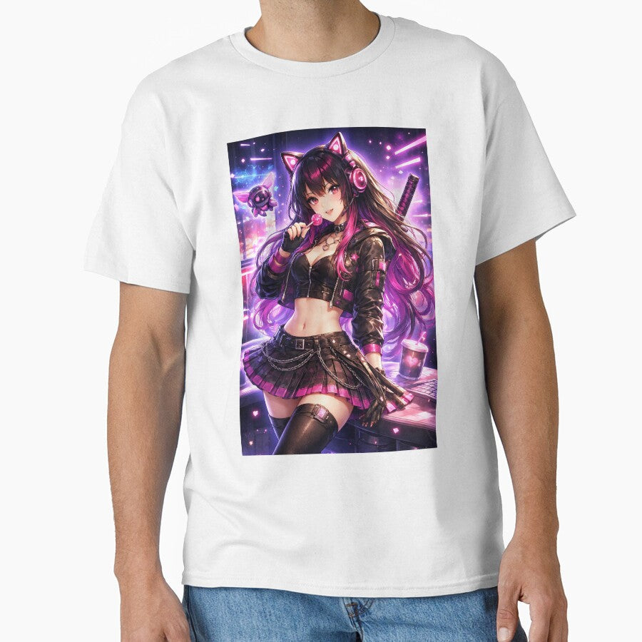 Neon Cyberpunk Catgirl Anime Girl Lollipop Aesthetic - Adult & Kids T-Shirts, Sweatshirts & Hoodies apparel design preview 1