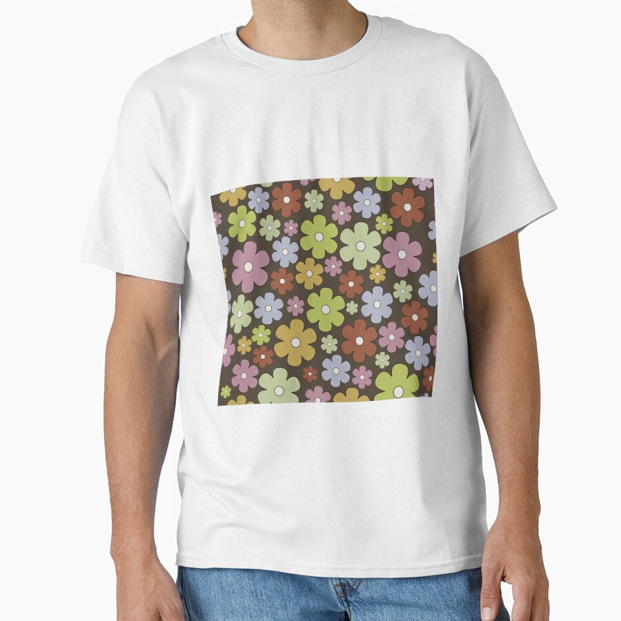 Brown pink green retro groovy 60s flowers daisies by - Adult & Kids T-Shirts, Sweatshirts & Hoodies apparel design preview 1