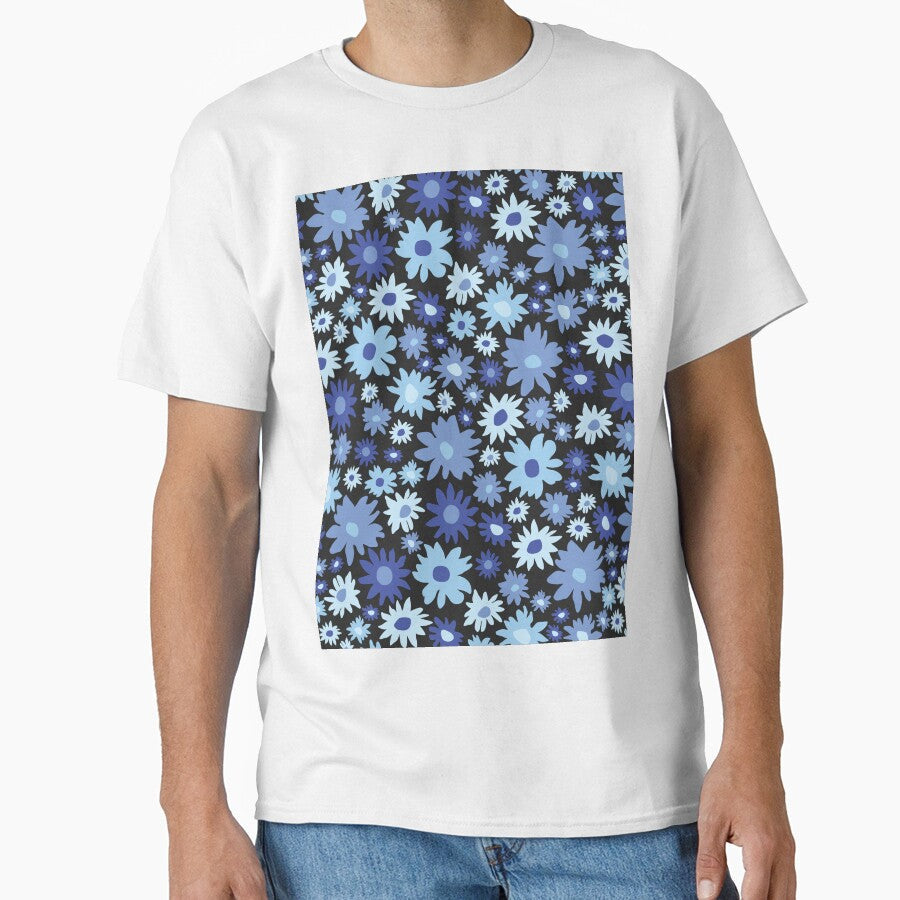 RETRO GROOVY AND FUN FLOWERS BLACK BLUE by - Adult & Kids T-Shirts, Sweatshirts & Hoodies apparel design preview 1