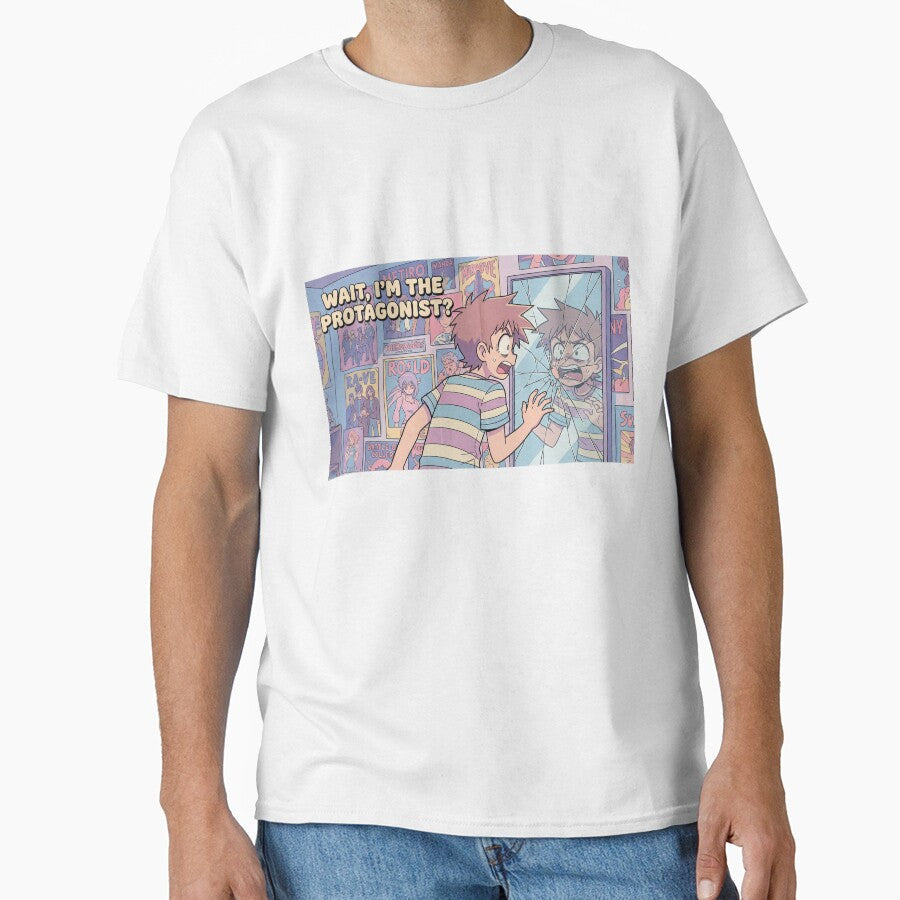 Wait I'm The Protagonist Retro Anime Meta Quote by - Adult & Kids T-Shirts, Sweatshirts & Hoodies apparel design preview 1