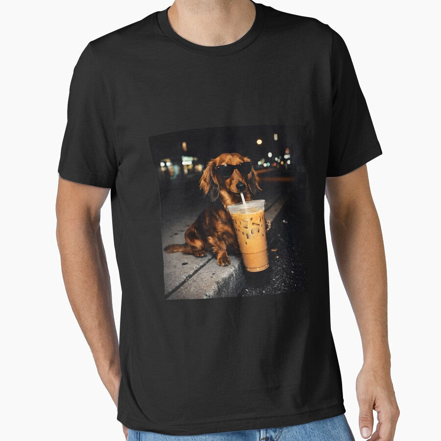 Funny Dachshund Drinking Iced Coffee Cute Dog Meme - Adult & Kids T-Shirts, Sweatshirts & Hoodies apparel design preview 1