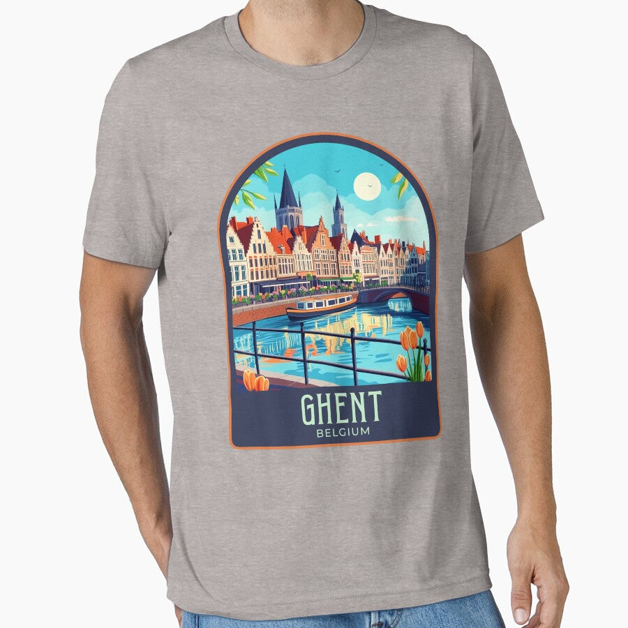 Ghent Vintage Travel Illustration by HomeLivingCo - Adult & Kids T-Shirts, Sweatshirts & Hoodies apparel design preview 1
