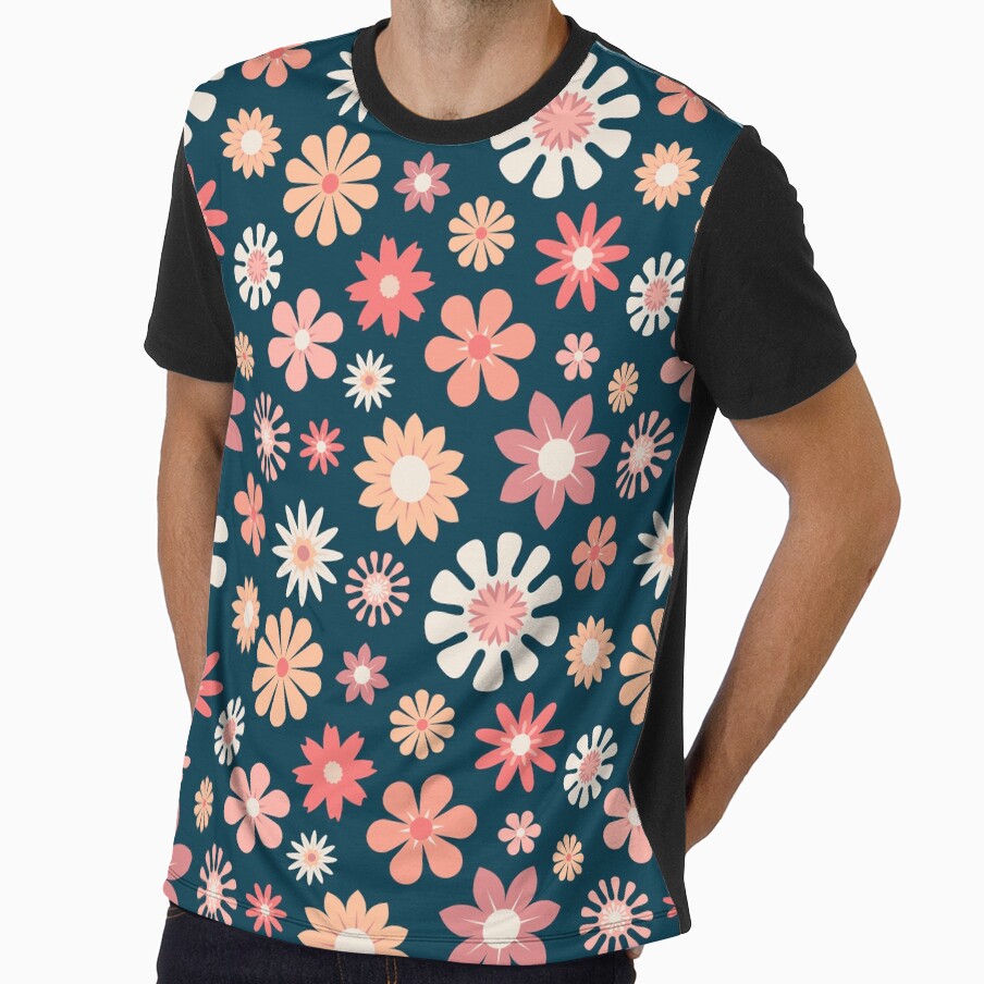 Retro Flowers Navy by Graphic Daisy - Adult & Kids T-Shirts, Sweatshirts & Hoodies apparel design preview 1