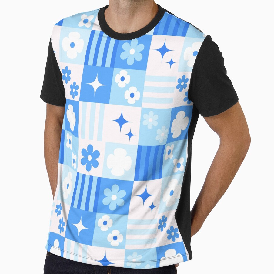 Retro Blue Floral Checkerboard Seamless Pastel - Adult & Kids T-Shirts, Sweatshirts & Hoodies apparel design preview 1