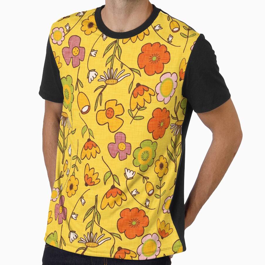 70s Boho Groovy Floral Yellow by susycosta - Adult & Kids T-Shirts, Sweatshirts & Hoodies apparel design preview 1