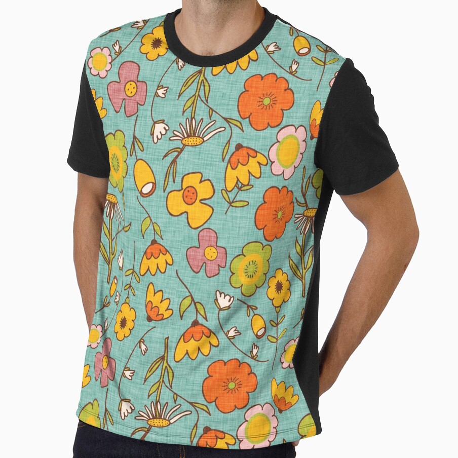 70s Boho Groovy Floral Blue by susycosta - Adult & Kids T-Shirts, Sweatshirts & Hoodies apparel design preview 1