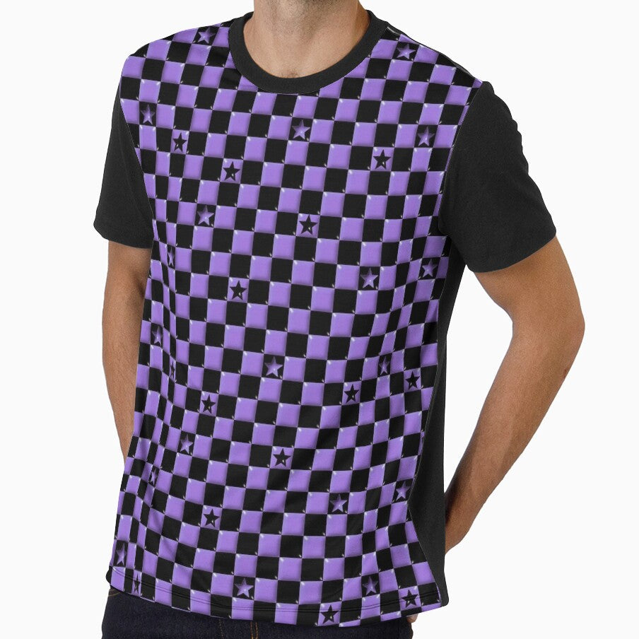 Y2K Purple Checker Stars Emo Goth Scene Pattern by - Adult & Kids T-Shirts, Sweatshirts & Hoodies apparel design preview 1