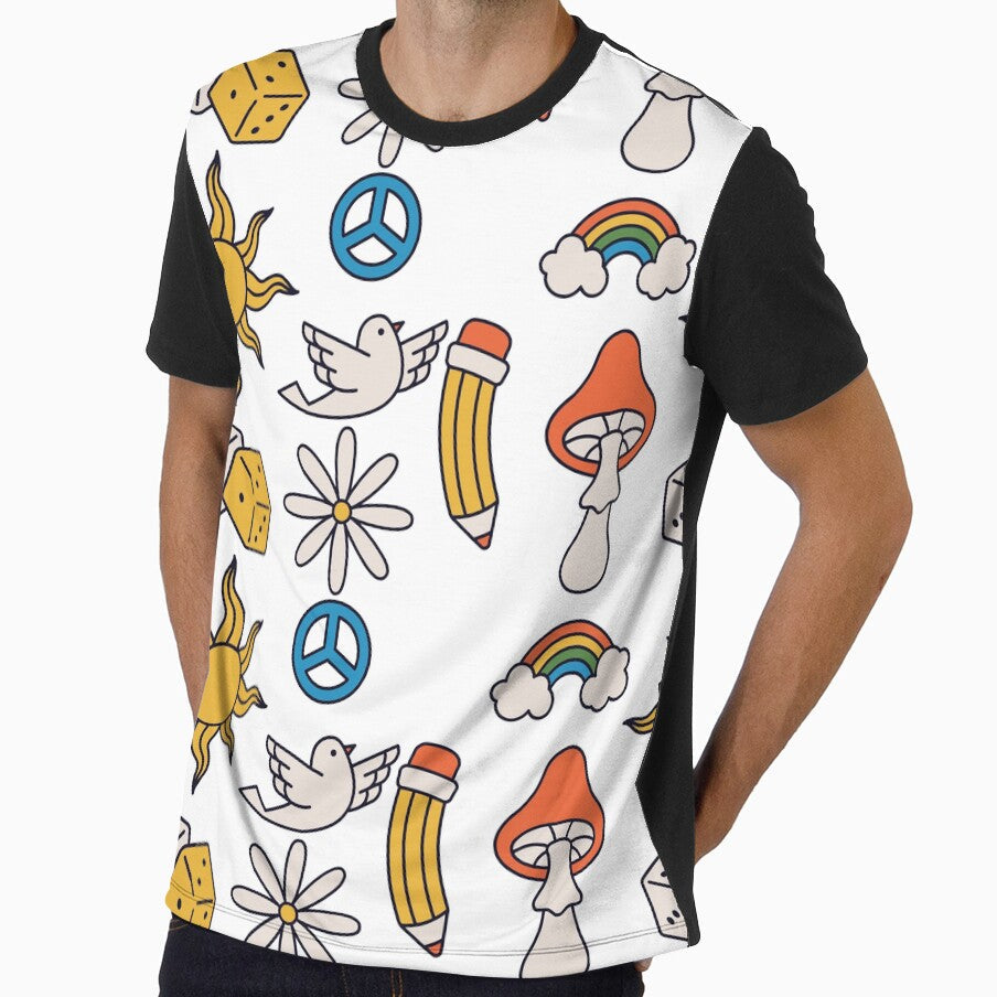 Retro Hippie Decorations and Funky Flowers Pattern by - Adult & Kids T-Shirts, Sweatshirts & Hoodies apparel design preview 1