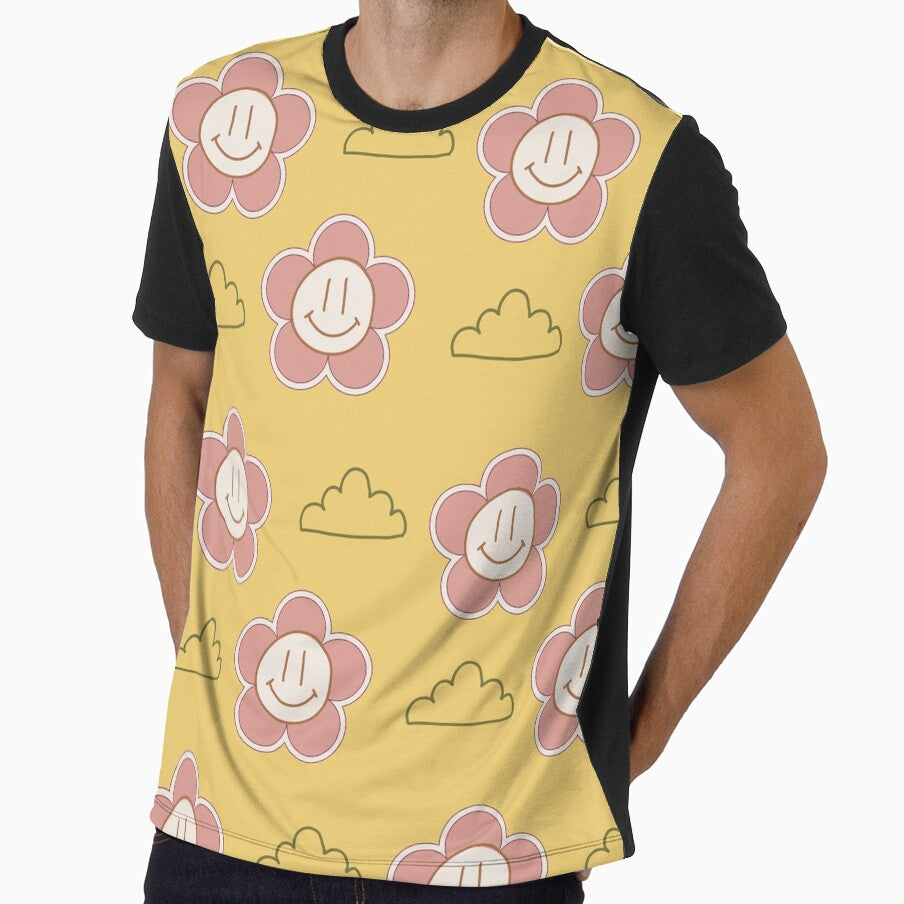 Yellow and Pink Smiley Flowers clouds retro style by - Adult & Kids T-Shirts, Sweatshirts & Hoodies apparel design preview 1