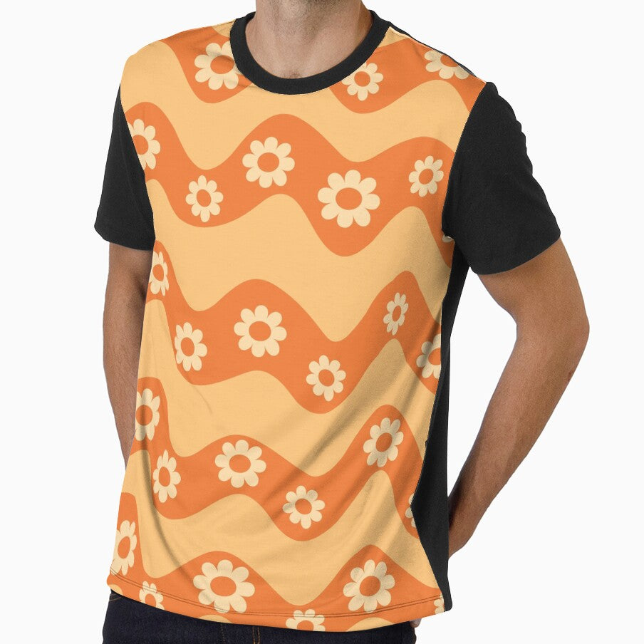 Retro Orange Waves with groovy flowers pattern by - Adult & Kids T-Shirts, Sweatshirts & Hoodies apparel design preview 1