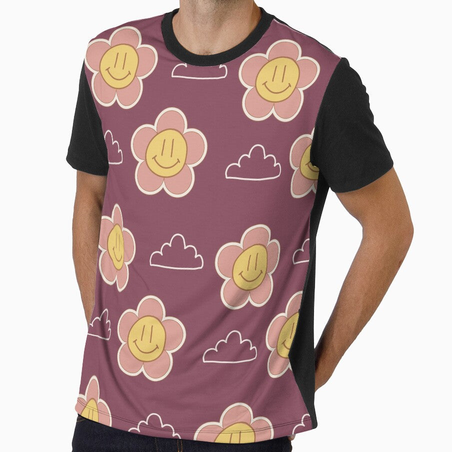 Burgundy pink and yellow Smiley Flowers clouds retro - Adult & Kids T-Shirts, Sweatshirts & Hoodies apparel design preview 1