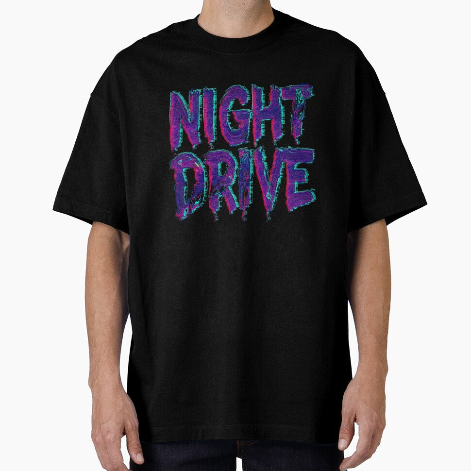 Night Drive Retro Neon Glitch Typography Design by - Adult & Kids T-Shirts, Sweatshirts & Hoodies apparel design preview 1