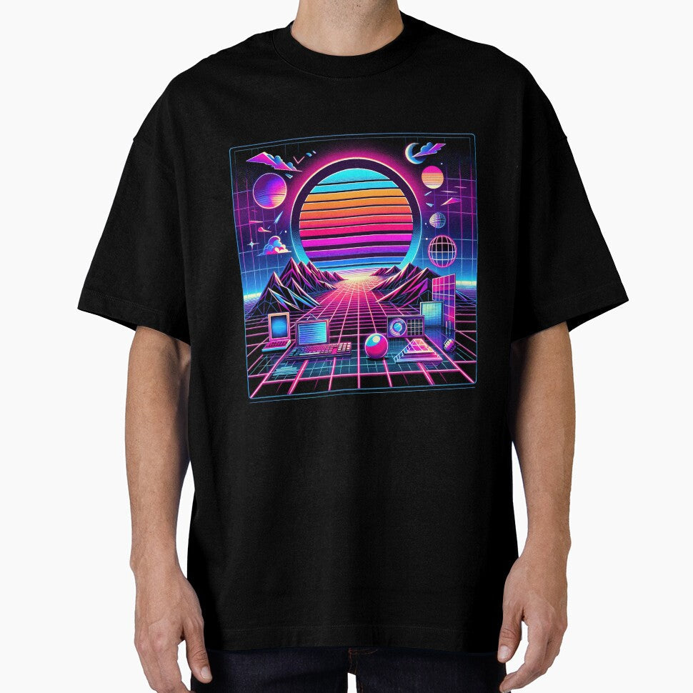 Neon Nostalgia: Synthwave Sunset by FIYARO - Adult & Kids T-Shirts, Sweatshirts & Hoodies apparel design preview 1