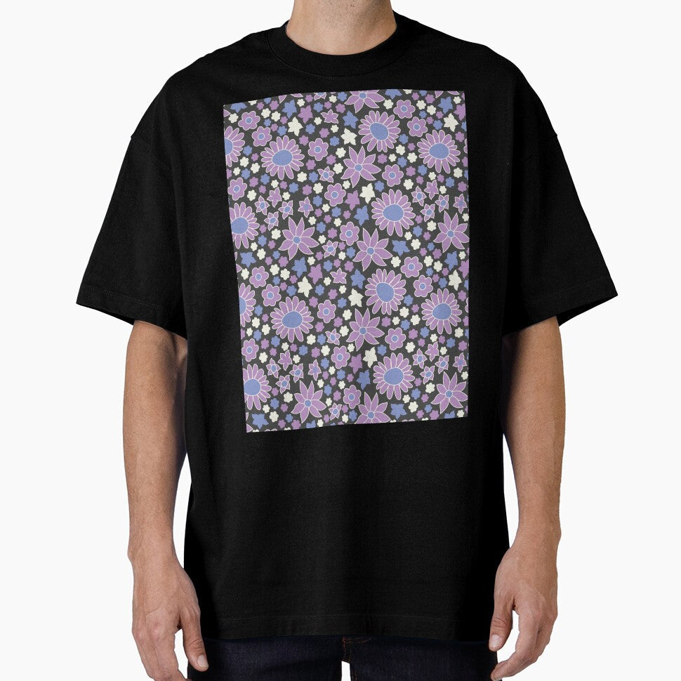 RETRO FLOWER POWER BLACK AND PURPLE by blomastudios - Adult & Kids T-Shirts, Sweatshirts & Hoodies apparel design preview 1