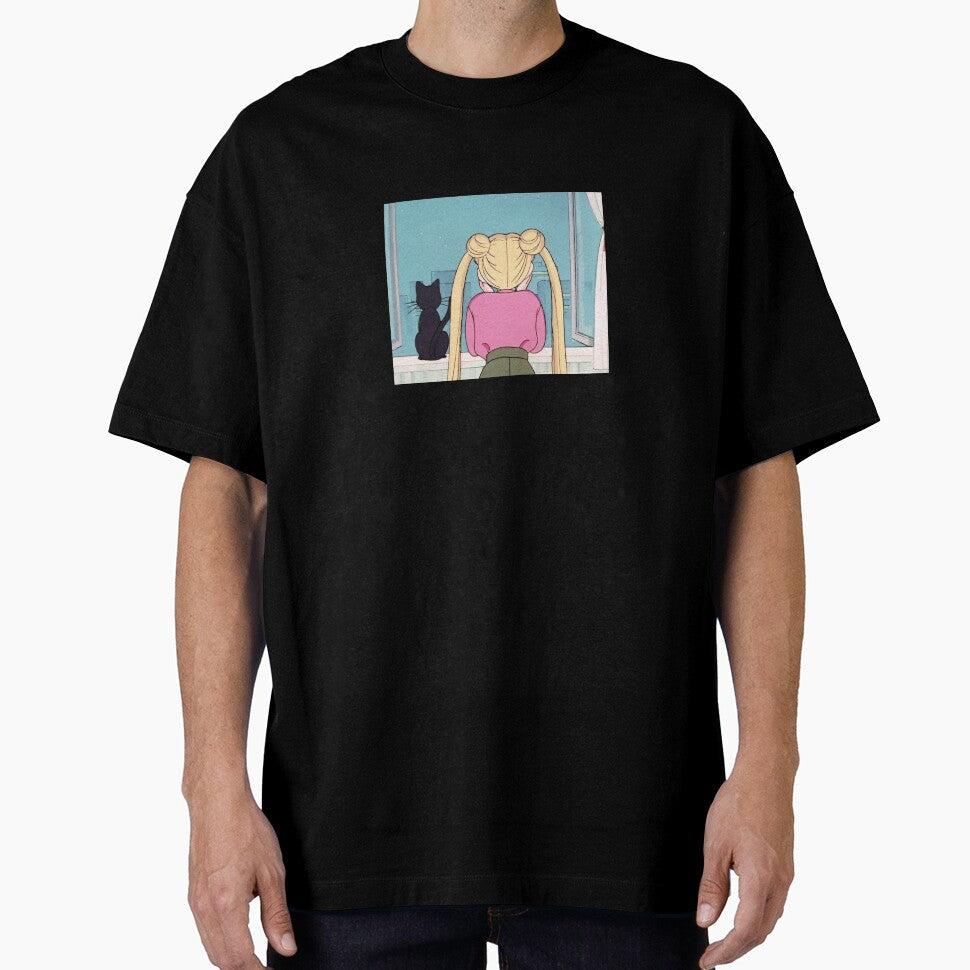 90 Japanese Anime Blonde Girl with Cat by emiface - Adult & Kids T-Shirts, Sweatshirts & Hoodies apparel design preview 1