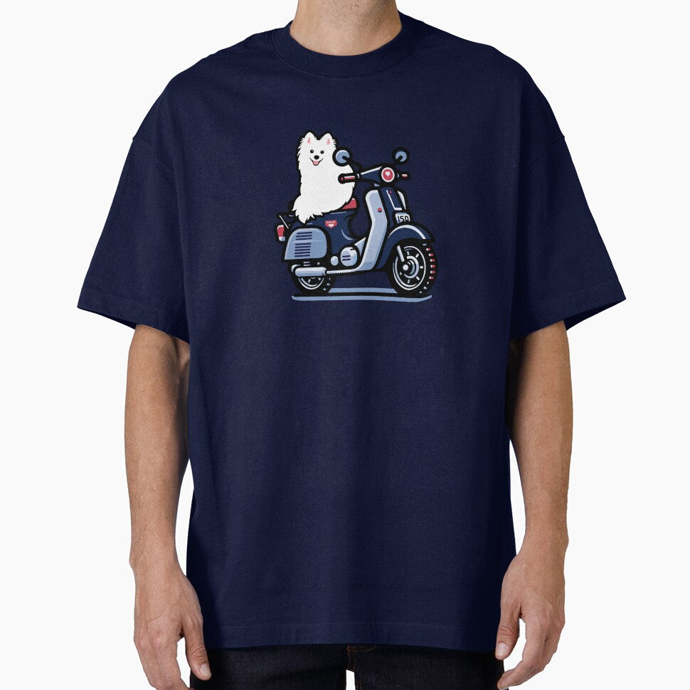 Cute Japanese Spitz Dog on a Super Cub Motorcycle - Adult & Kids T-Shirts, Sweatshirts & Hoodies apparel design preview 1