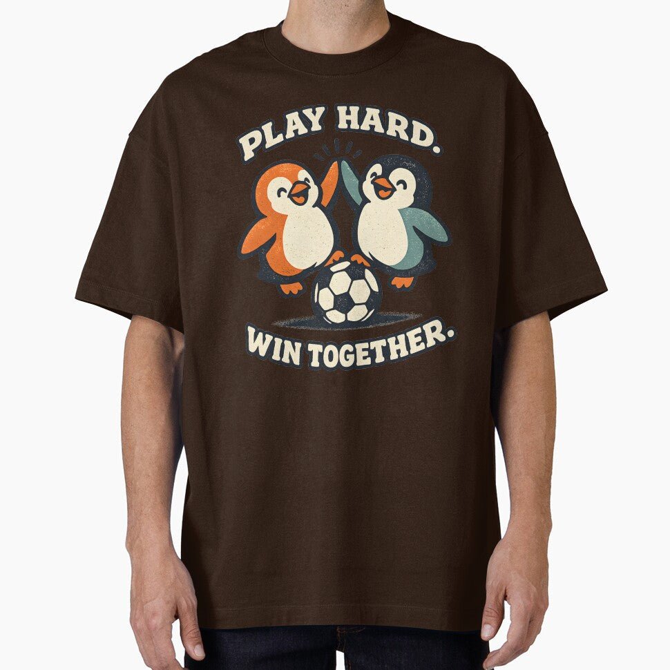 PLAY HARD. WIN TOGETHER. Cute Penguins Soccer - Adult & Kids T-Shirts, Sweatshirts & Hoodies apparel design preview 1