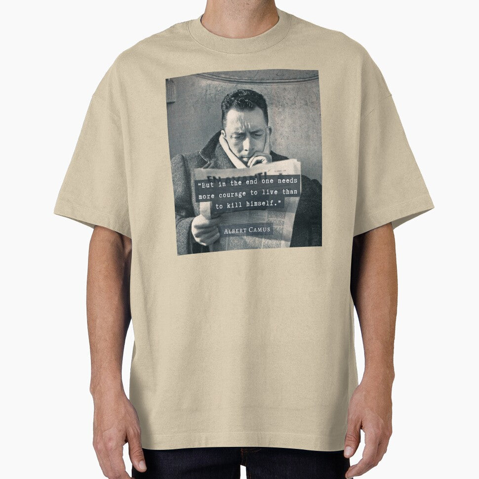 Albert Camus black and white portrait quote: "But in - Adult & Kids T-Shirts, Sweatshirts & Hoodies apparel design preview 1