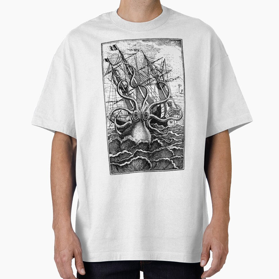Vintage Kraken attacking ship illustration by - Adult & Kids T-Shirts, Sweatshirts & Hoodies apparel design preview 1