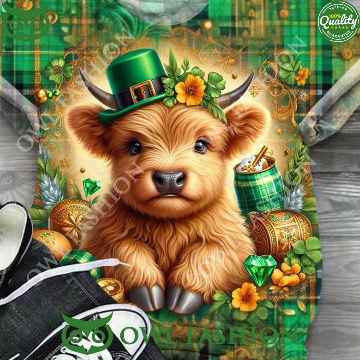 St. Patrick's Day Highland Cow Print Crew Neck - Adult & Kids T-Shirts, Sweatshirts & Hoodies apparel design preview 1