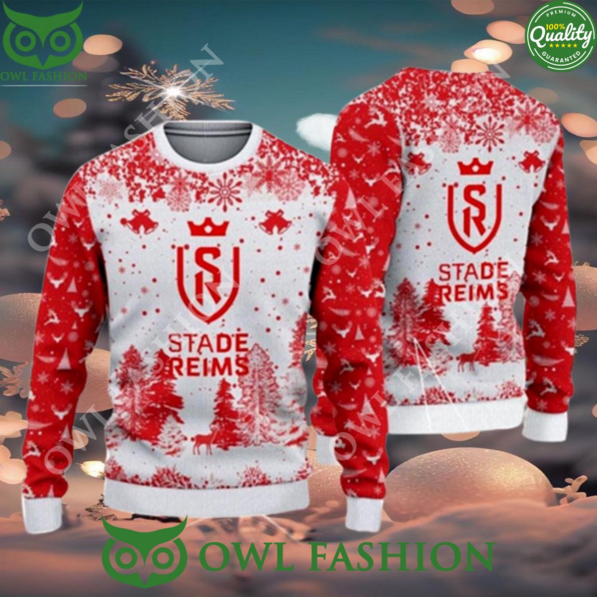 Stade De Reims Big Logo Pine Trees Ugly Christmas - Adult & Kids T-Shirts, Sweatshirts & Hoodies apparel design preview 1