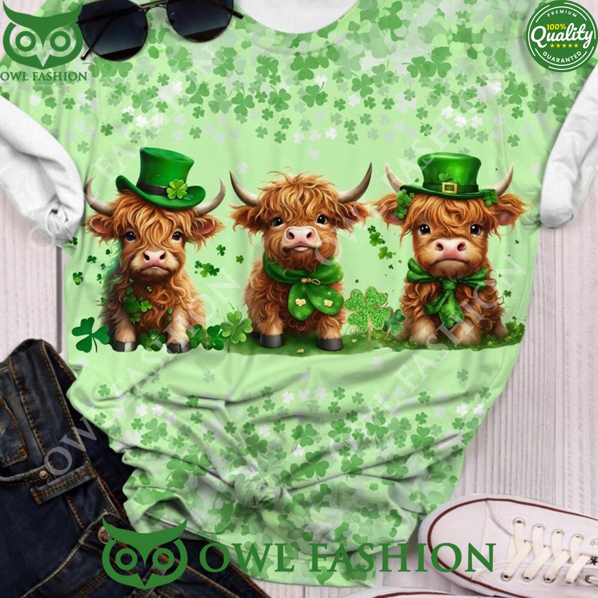 Three Shamrock Baby Highland Cow St Patricks - Adult & Kids T-Shirts, Sweatshirts & Hoodies apparel design preview 1