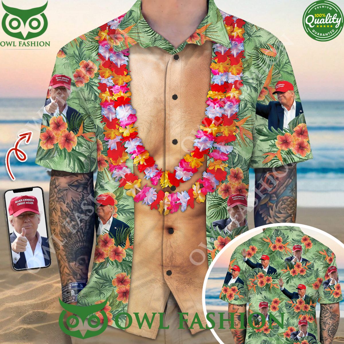 Trump Photo With Floral Pattern Hawaiian Beach Vibe - Adult & Kids T-Shirts, Sweatshirts & Hoodies apparel design preview 1