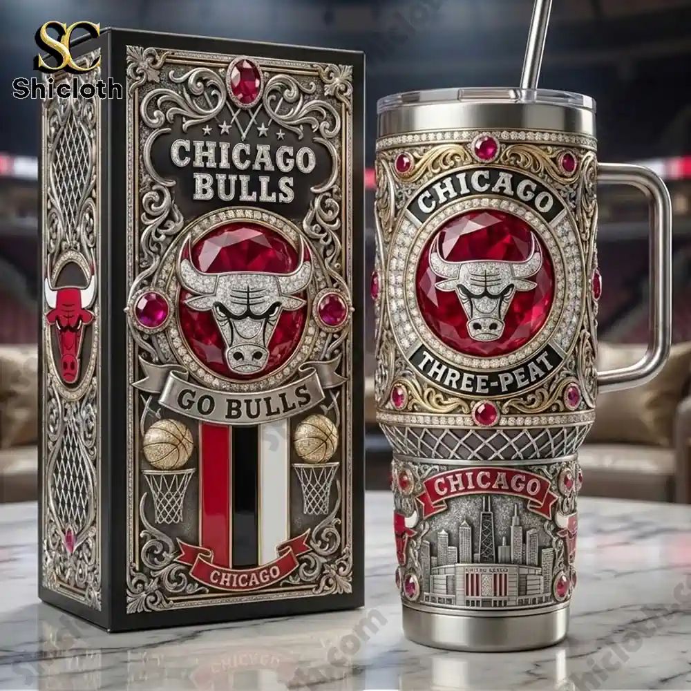 Chicago Bulls Three Peat Go 40oz Tumbler With Handle - Adult & Kids T-Shirts, Sweatshirts & Hoodies apparel design preview 1