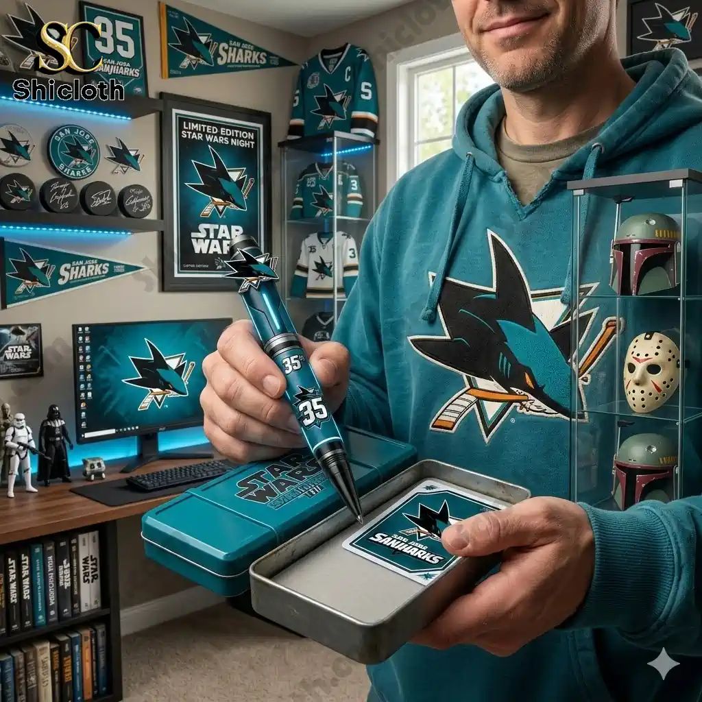 San Jose Sharks 35th Anniversary Commemorative Pen - Adult & Kids T-Shirts, Sweatshirts & Hoodies apparel design preview 1