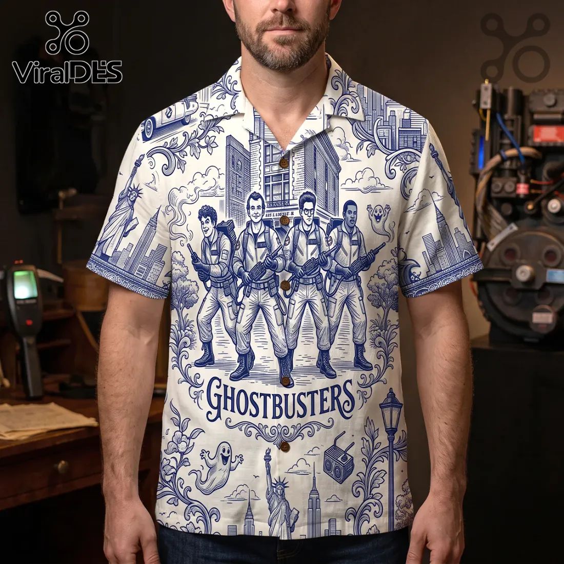 Ghostbusters Toile De Jouy Blue Button Down - Adult & Kids T-Shirts, Sweatshirts & Hoodies apparel design preview 1