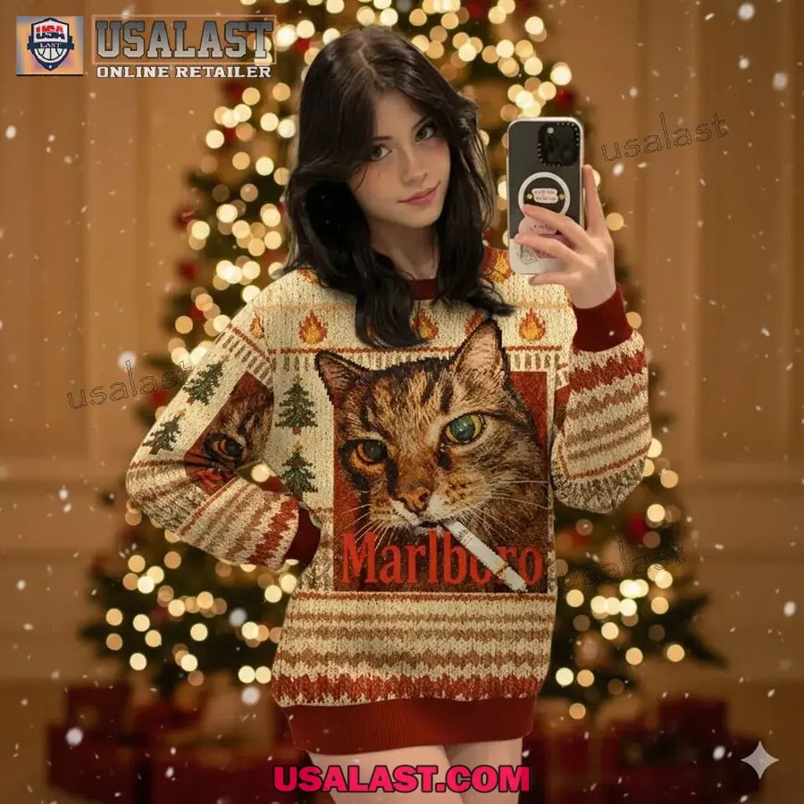 Marlboro Smoking Cat Meme Christmas Ugly Sweater - Adult & Kids T-Shirts, Sweatshirts & Hoodies apparel design preview 1