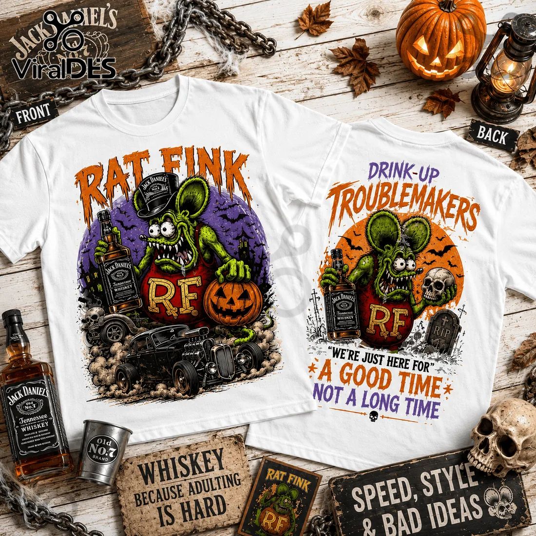 Rat Fink Drink Up Troublemakers Halloween - Adult & Kids T-Shirts, Sweatshirts & Hoodies apparel design preview 1