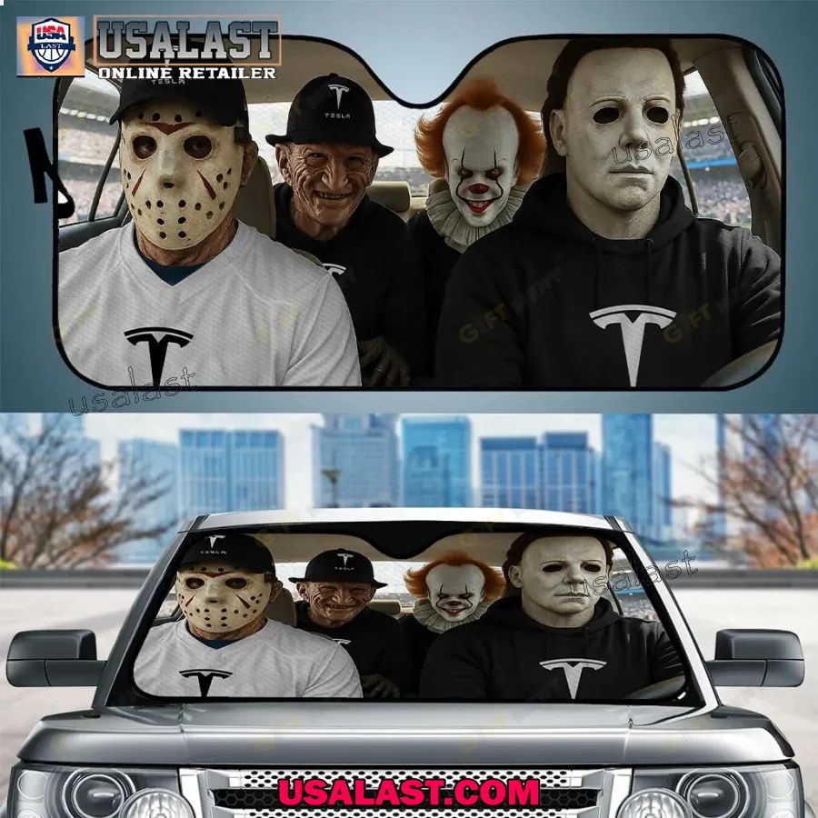 Tesla x Horror Movie Characters Car Sunshade, - Adult & Kids T-Shirts, Sweatshirts & Hoodies apparel design preview 1