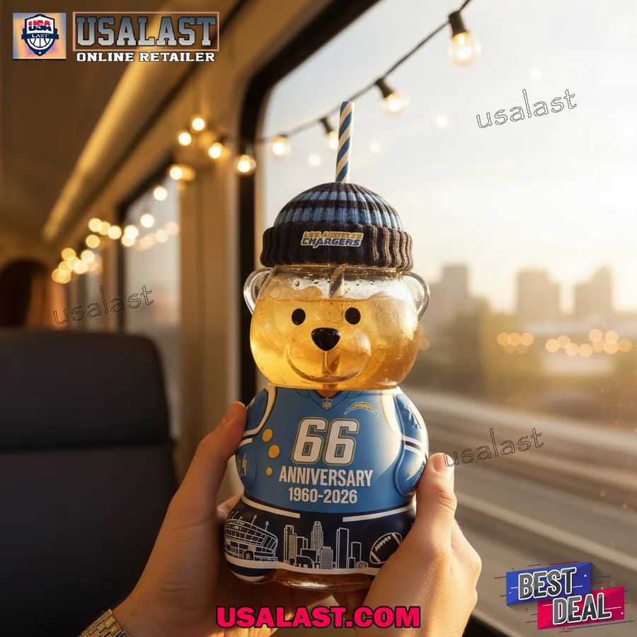 Los Angeles Chargers 66th Anniversary Bear Glass Cup - Adult & Kids T-Shirts, Sweatshirts & Hoodies apparel design preview 1