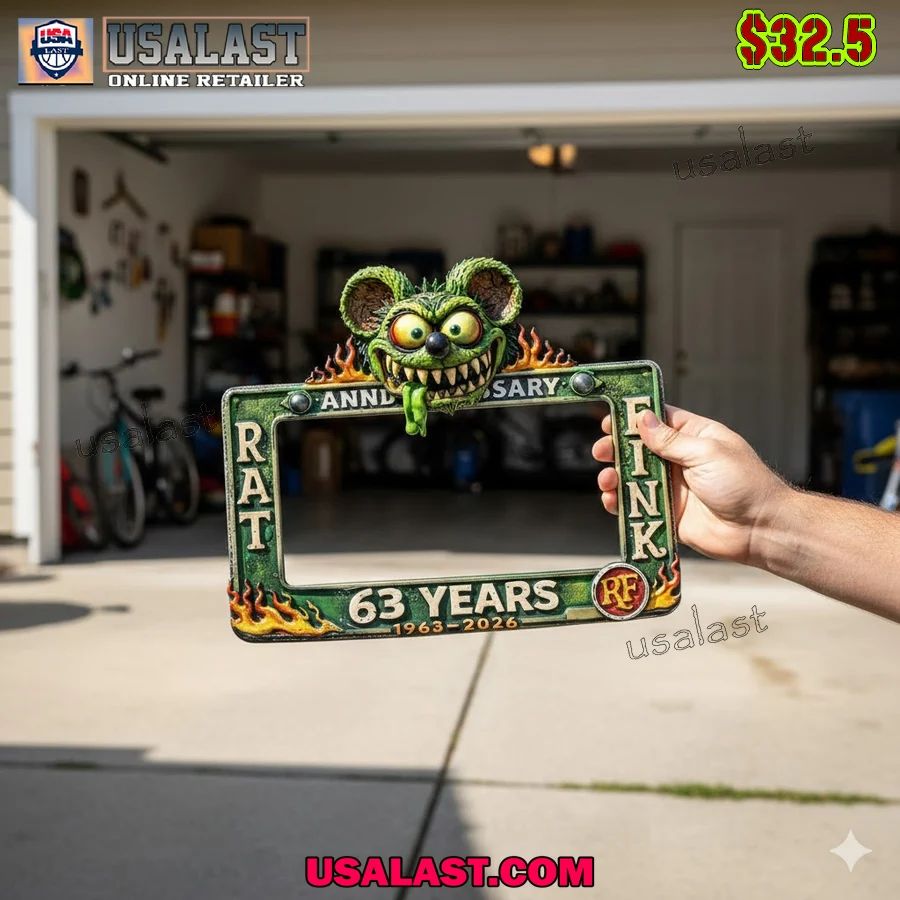 Rat Fink 63rd Anniversary License Plate Frame - Adult & Kids T-Shirts, Sweatshirts & Hoodies apparel design preview 1