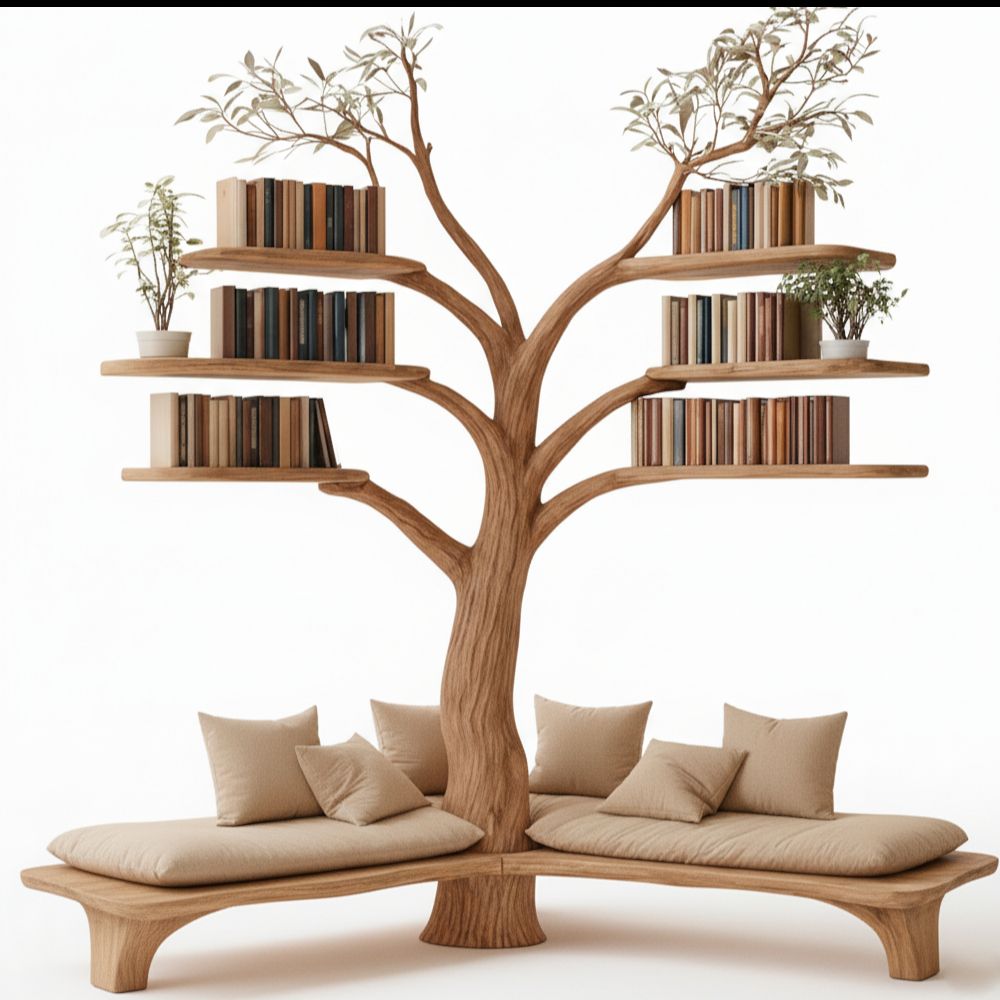 Rustic Tree Bookshelf with Corner Bench Handmade - Adult & Kids T-Shirts, Sweatshirts & Hoodies apparel design preview 1