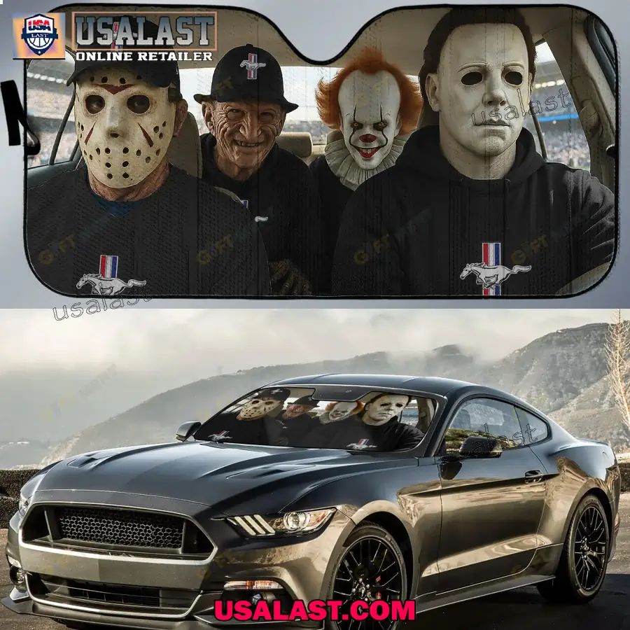 Mustang x Horror Movie Characters Car Sunshade, - Adult & Kids T-Shirts, Sweatshirts & Hoodies apparel design preview 1