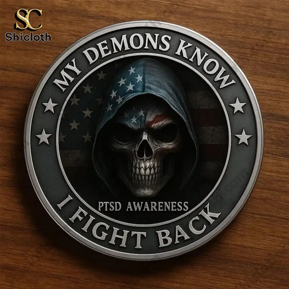 PTSD Awareness Veterans My Demon Know Challenge Coin - Adult & Kids T-Shirts, Sweatshirts & Hoodies apparel design preview 1