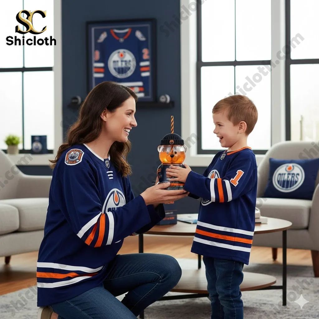 Edmonton Oilers Anniversary Bear Cup - Adult & Kids T-Shirts, Sweatshirts & Hoodies apparel design preview 1