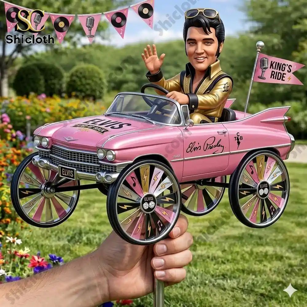 Elvis Presley x Pink Cadillac Wind Spinner For Garden - Adult & Kids T-Shirts, Sweatshirts & Hoodies apparel design preview 1