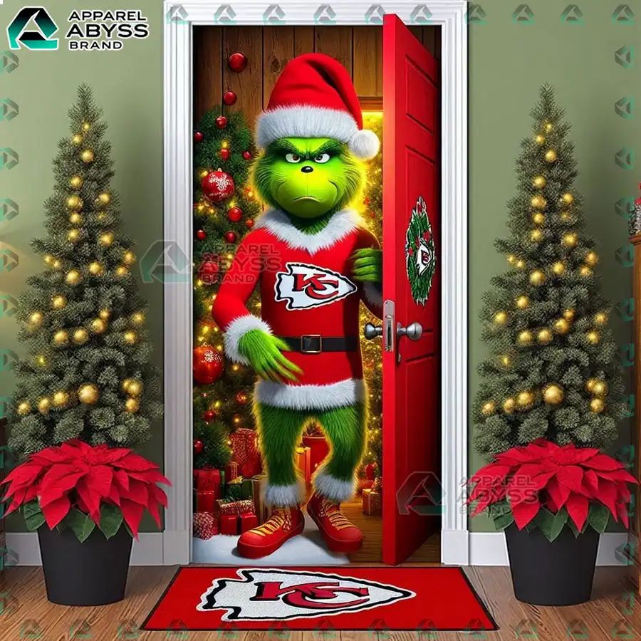 Kansas City Chiefs Grinch Christmas Door Cover - Adult & Kids T-Shirts, Sweatshirts & Hoodies apparel design preview 1
