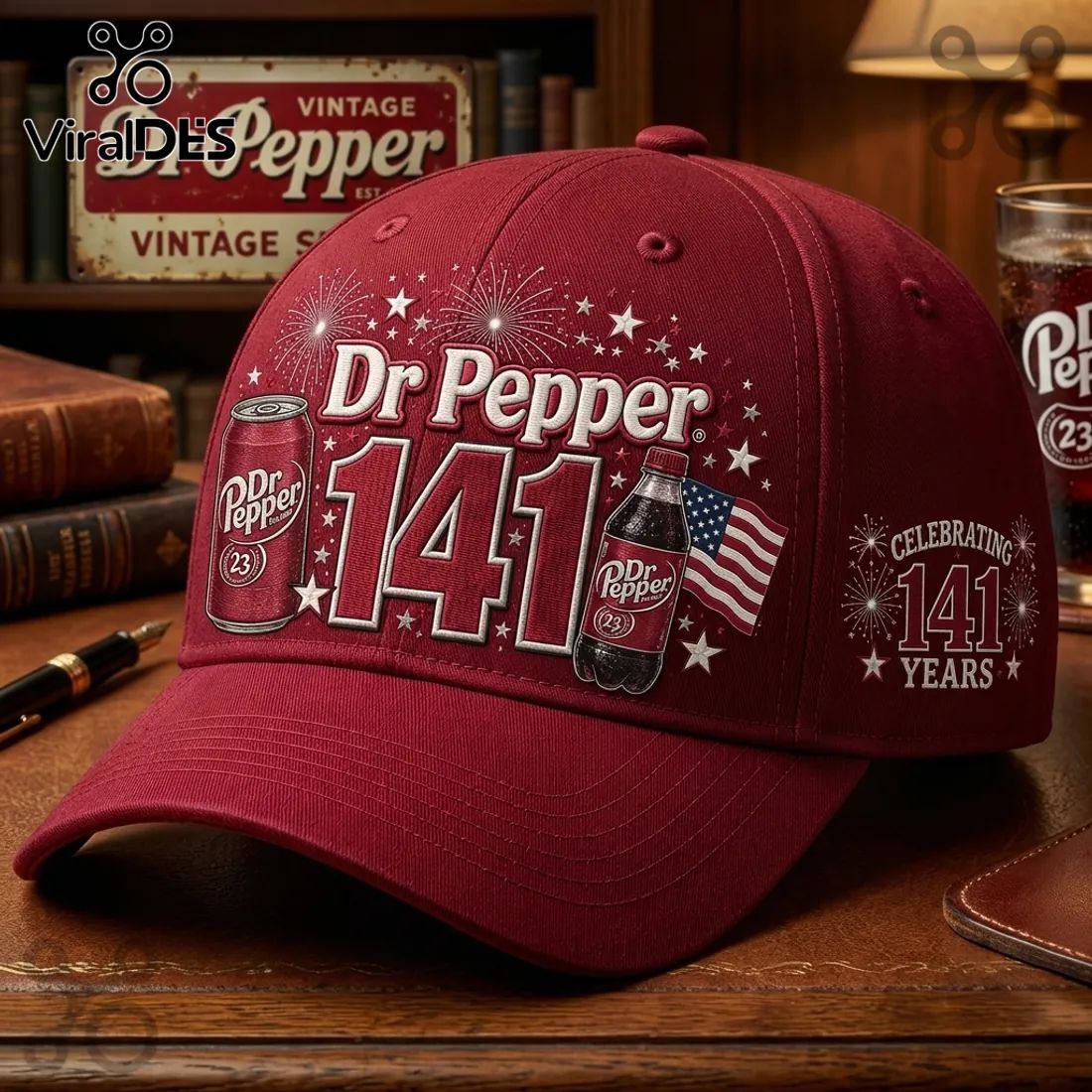 Dr Pepper 141st Anniversary Burgundy Baseball Cap - Adult & Kids T-Shirts, Sweatshirts & Hoodies apparel design preview 1
